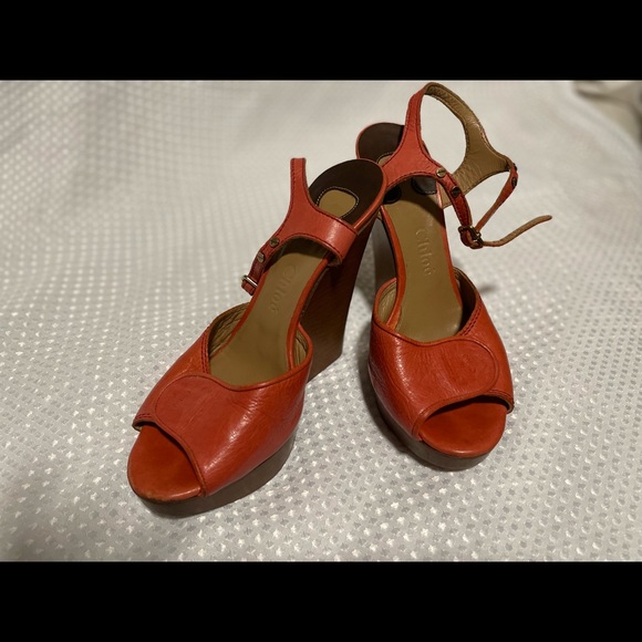 Chloe Coral leather ankle strap wooden high wedges . US 6.5 - Picture 3 of 7